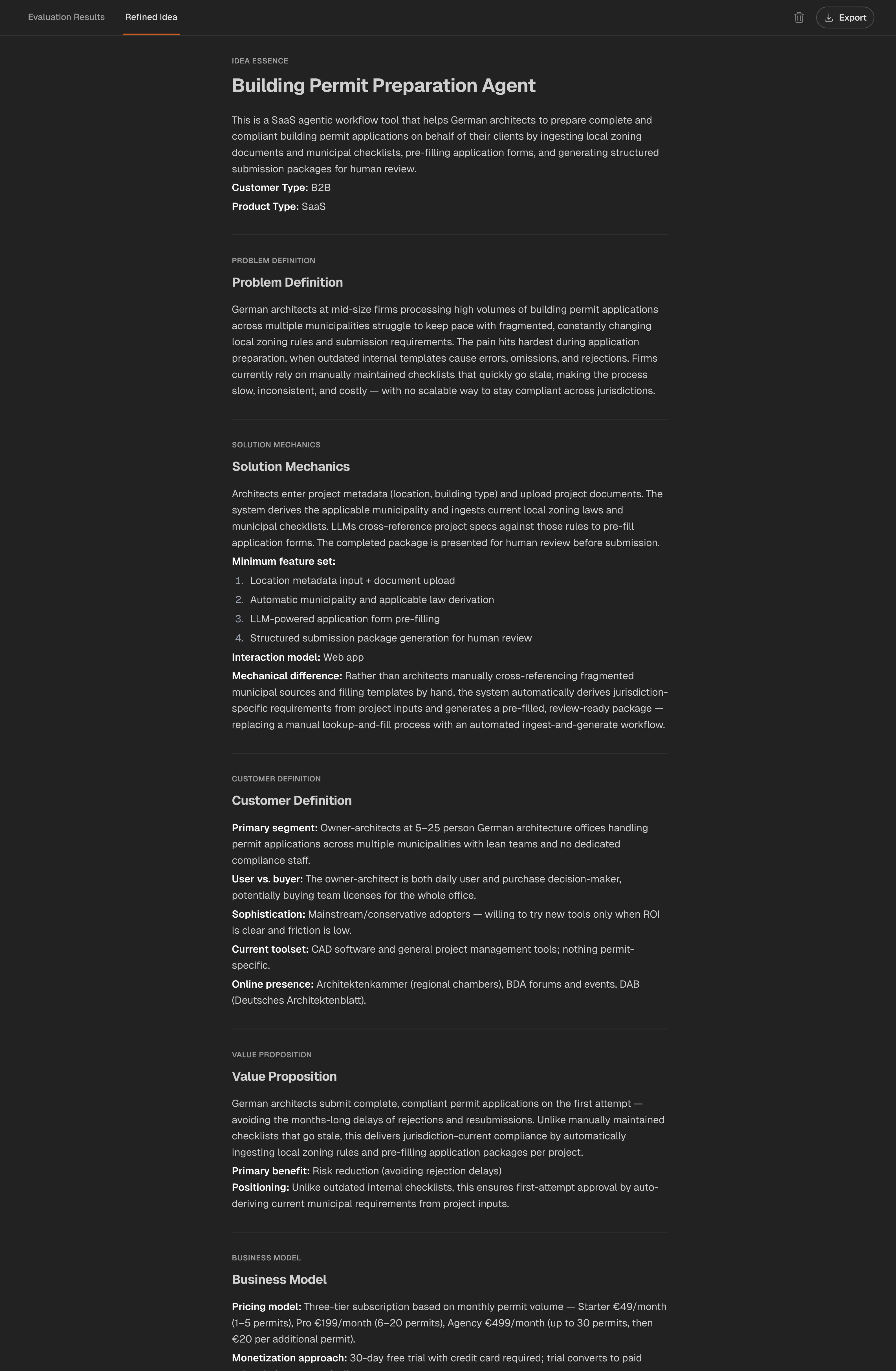 Genhone refined idea artifact showing the structured SaaS idea snapshot