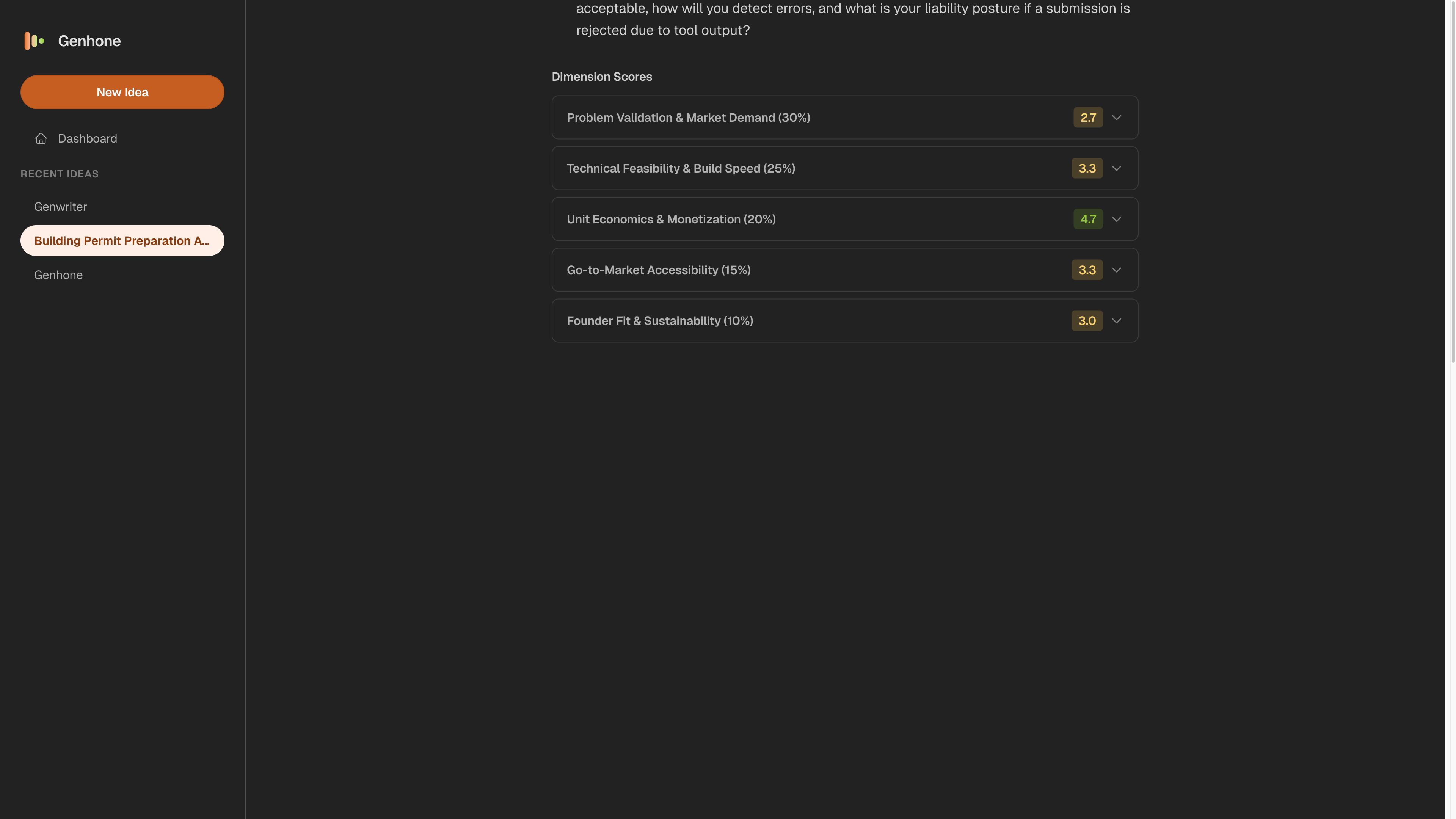 Genhone score breakdown showing five weighted SaaS validation dimensions