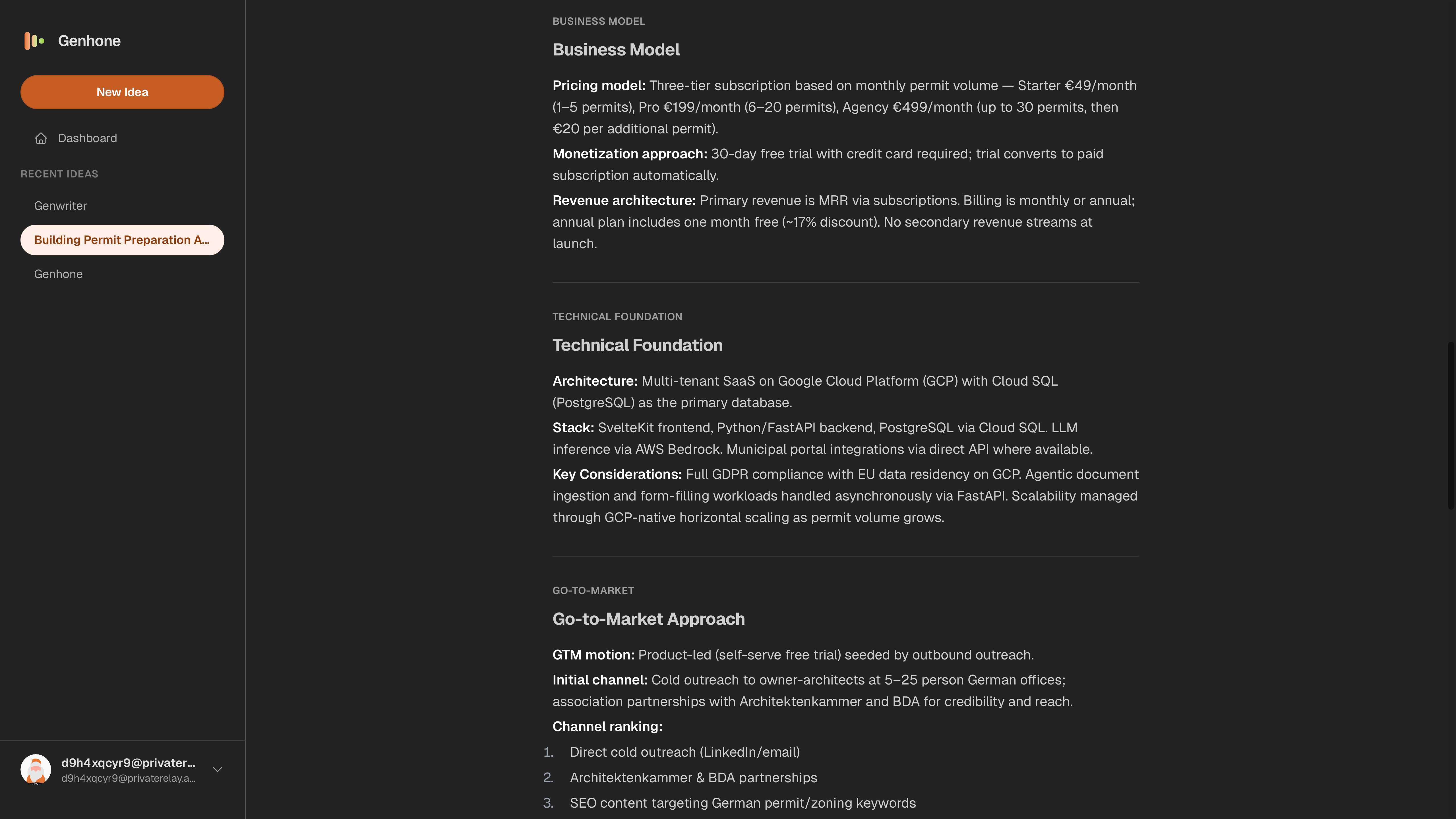 Genhone Business Model section for a SaaS pricing validation artifact