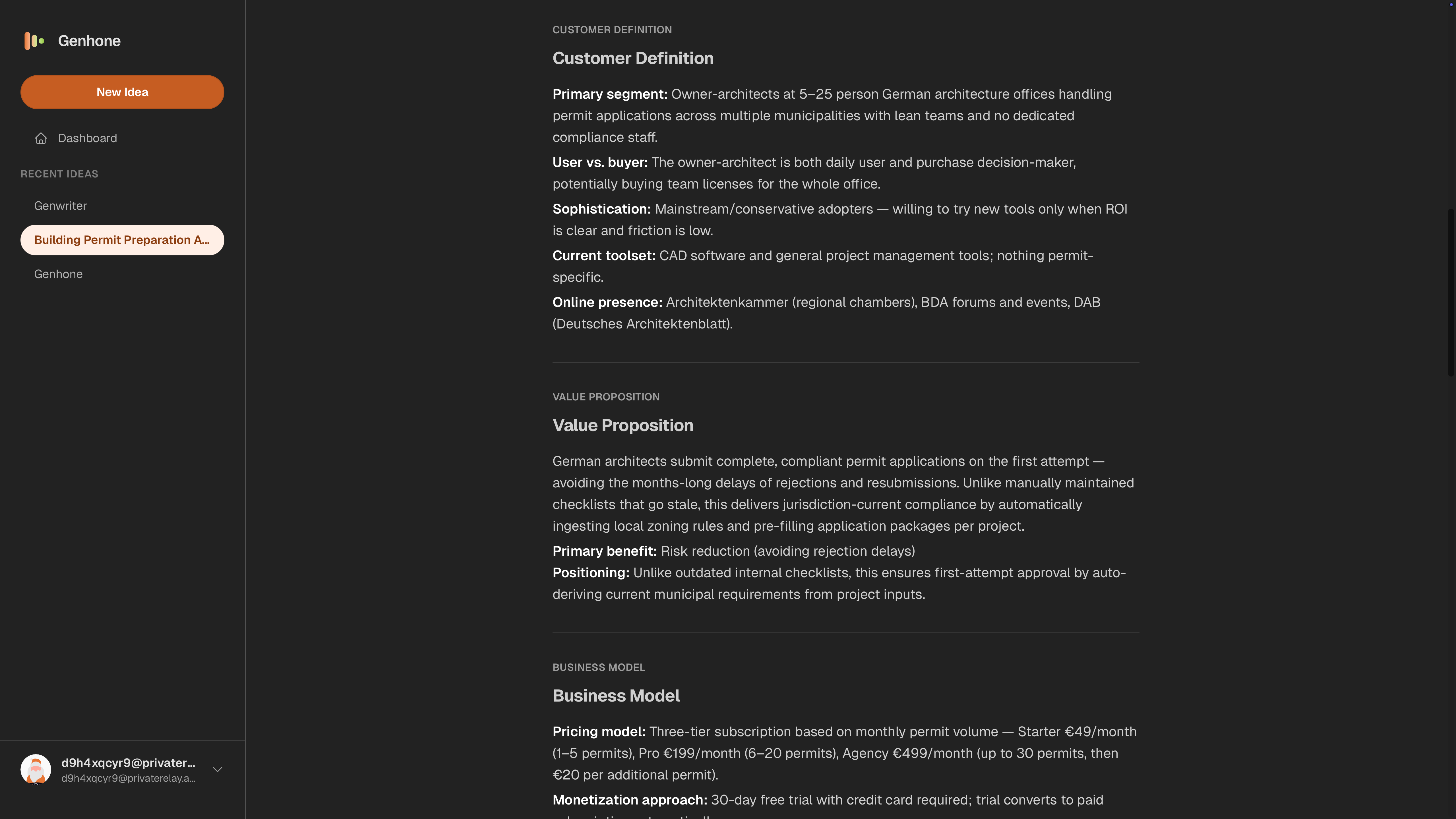 Genhone Customer Definition section for a SaaS idea