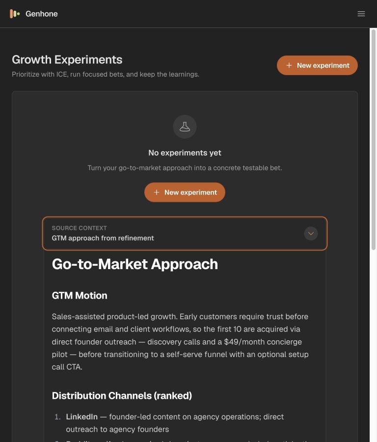 Genhone experiment tracker empty state with the GTM approach from refinement expanded as source context